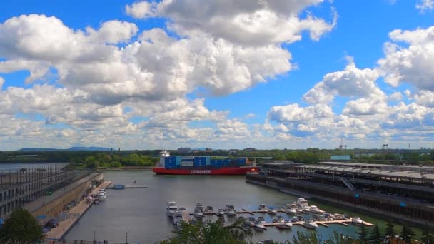 Barco Carga Ferry Vela Canal Rio Lado Marina Montreal Port — Vídeo de Stock