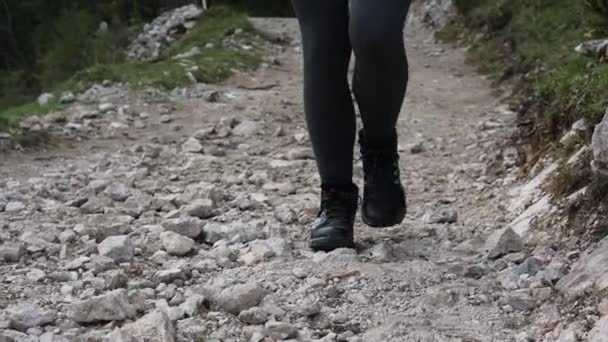 アクティブ若い女性は 秋にハイキングや登山ブーツや履物でビューのために崖の上に登るか 朝の日の出レンズフレアと認識できない秋のハイキング — ストック動画