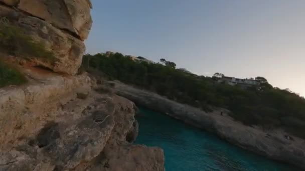 Exciting Fpv Flight Headland Small Rocky Cove Mallorca — Stock Video