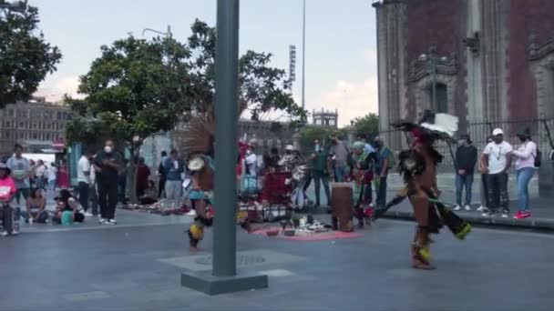 Tourists Watching Folklore People Wearing Aztec Costumes Doing Rituals Dancing — Stock Video