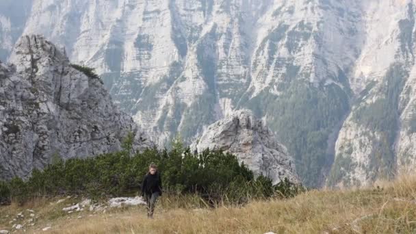 Kobieta Wędrująca Górach Weekend Wesoła Dziewczyna Kijkami Trekkingowe Zwiedzanie Przyrody — Wideo stockowe