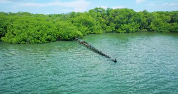Εναέρια Λήψη Σκουριασμένου Σωλήνα Διαρροής Που Τρέχει Στη Λίμνη Περικυκλωμένος — Αρχείο Βίντεο
