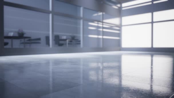 Leere Büroräume Mit Großen Fenstern Glaswänden Und Hintergrund Bei Sonnenaufgang — Stockvideo
