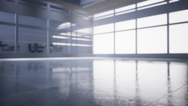 Leere Büroräume Mit Großen Fenstern Glaswänden Und Hintergrund Bei Sonnenaufgang — Stockvideo