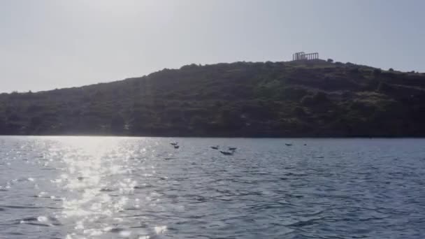 Aerial Gaivotas Flutuando Sob Templo Poseidon Sounio Grécia — Vídeo de Stock
