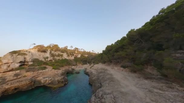 Low Aerial Fpv Flight Forested Rocky Chasm Cala Petita Mallorca — Stock Video