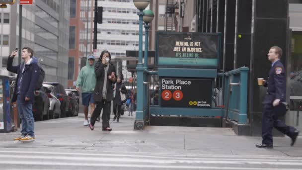 New York City Park Place Station Metro Ludźmi Przechodzącymi Obok — Wideo stockowe