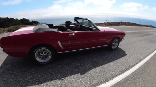 Red White 1965 Ford Mustang Convertible Driving Slow Motion North — Stock Video