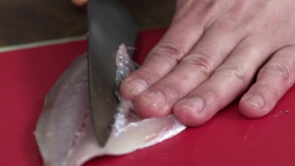 Koki Dengan Terampil Mengeluarkan Tulang Rusuk Mackerel Kuda Jepang Dengan — Stok Video