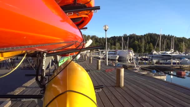 Panoramic View Bestumkilen Bay Marina Pier Kayak Storage Rack Oslo — Stock Video