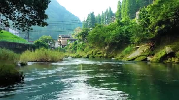 Vuelo Avión Tripulado Sobre Río Prístino Tranquila Ladera Montaña Japonesa — Vídeos de Stock
