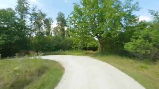 砕いた石灰岩の歩道を自転車で走ります 拡散照明 側に木と空を開くと 多くの曲線 シカゴ郊外のグレン滝森林保護区 — ストック動画