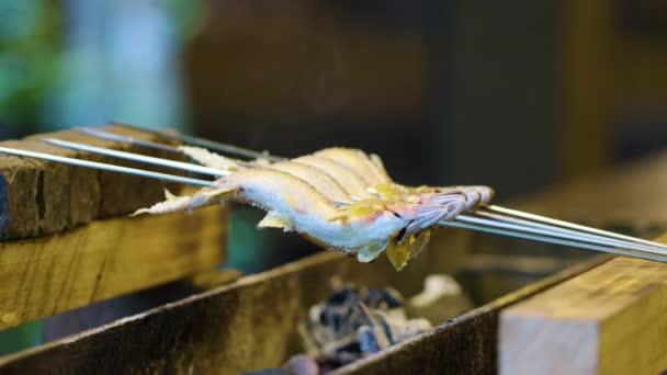 Japanese Freshwater Fish Grilled Skewers Fat Drips Charcoal Close — Stock Video