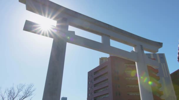 在日本鹿儿岛市 太阳光从鸟井门射向特鲁古尼神龛 — 图库视频影像