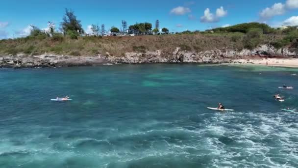 Okipa Beach North Shore Maui Town Aerial Pan Surfers Paddling — Stock Video