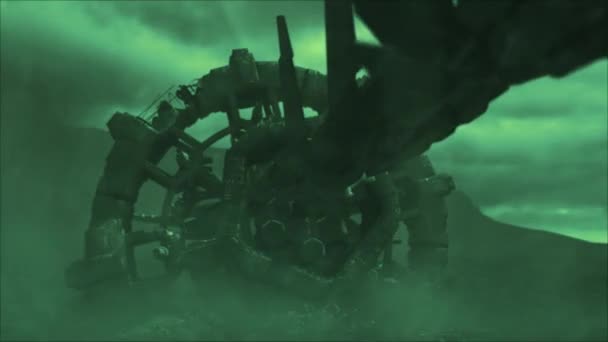 荒々しい古代の異星人の墜落現場の映画撮影で 電気的なケイ酸塩嵐を通して 残骸のある宇宙船の広大な船体の円滑な降下ショット 緑のカラースキーム — ストック動画