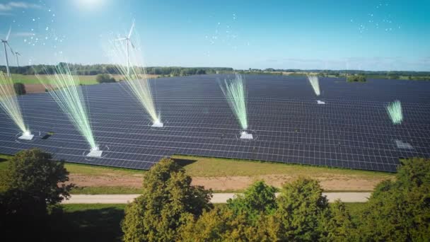 空を飛ぶ太陽光発電パネルファームのデジタルラインの空中ビュー 供給エネルギーのための太陽の収集 農村部における太陽光発電ユニットの未来的な運動グラフィック効果 — ストック動画