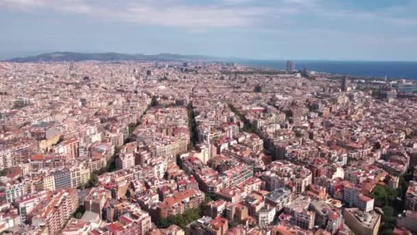 Barcelona Cityscape Espanha Vista Aérea Edifícios Mediterrâneo Sea Horizon Fundo — Vídeo de Stock