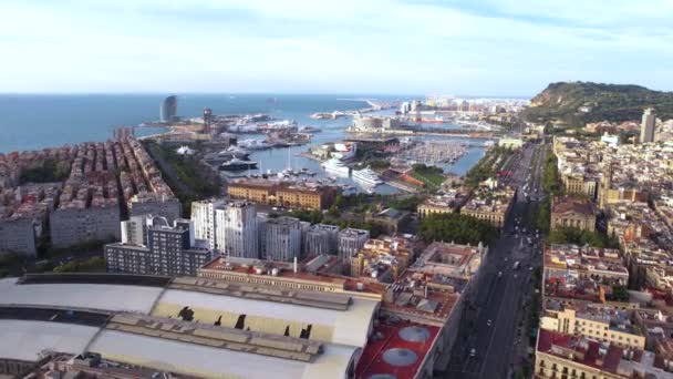 Luchtfoto Van Haven Van Barcelona Buurt Barceloneta Drone Shot — Stockvideo