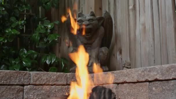 Enge Gargoyle Achter Vlammen Van Een Carmel Garden Vuurkorf — Stockvideo