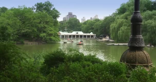 Båtar Central Park Lake Från Boat House Restaurant — Stockvideo