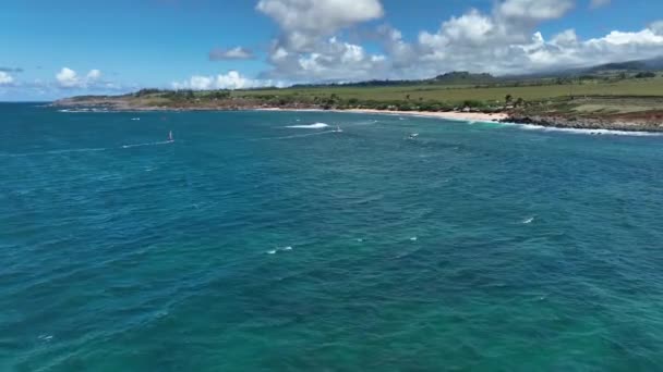 Aéreo Kite Surf Maui Havaí Eua Drone Subindo Sobre Praia — Vídeo de Stock