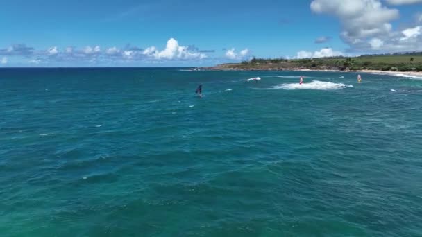 Wing Foilers Och Vindsurfare Segla Upp Öppet Hav Hookipa Beach — Stockvideo