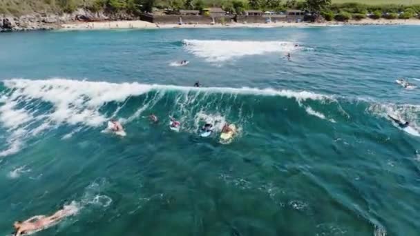 Lotnisko Tłumy Ludzi Surfujących Plaży Okipa Maui Usa Dron Akcji — Wideo stockowe