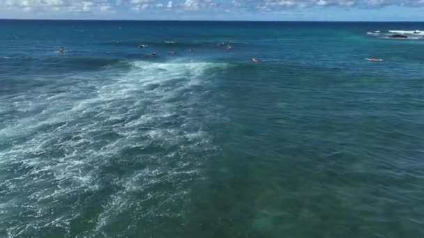 Surfistas Esperan Olas Mientras Aguas Bravas Rompen Sobre Arrecife Hawaiano — Vídeos de Stock