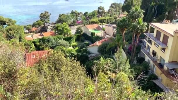 Pittoreska Kuststaden Franska Rivieran Utsikt Från Nietzsche Stig Bergsvandring Frankrike — Stockvideo