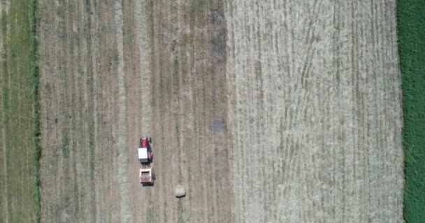 農地でのトラクター収穫機の空中トップダウン 食物連鎖インフレ戦争の概念 — ストック動画