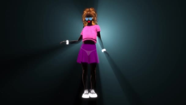 Techno Girl Wearing Short Skirt Short Sleeve Shirt Neon Glowing — Stock Video