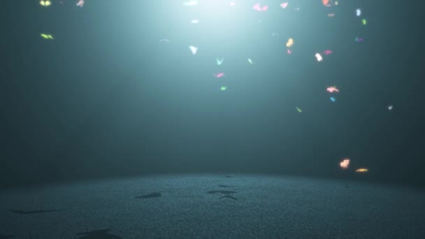 五彩斑斓的美丽蝴蝶在昏暗的房间里 在体积巨大的灯光照射下四处飞翔 坐在地面上3D动画 — 图库视频影像