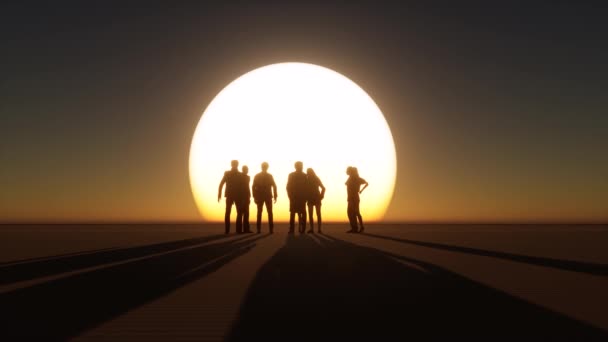 Die Silhouetten Der Menschen Auf Einem Großen Sonnenuntergang Untätig Stehend — Stockvideo