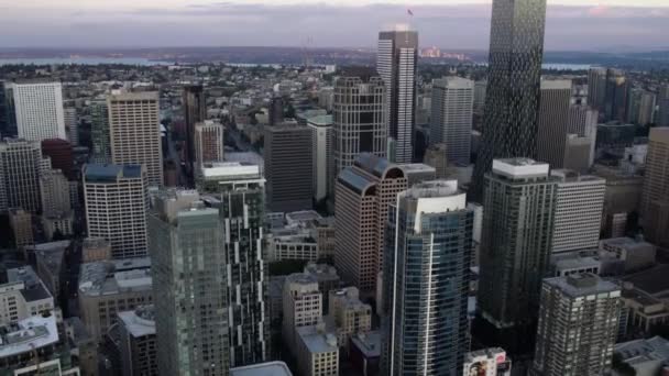 Вид Воздуха Финансовый Район Сиэтла Рассвет Северо Западе Сша Восходящий — стоковое видео