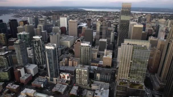 Légi Kilátás Nyílik Városkép Seattle Napkelte Északnyugat Amerikai Panoráma Drón — Stock videók