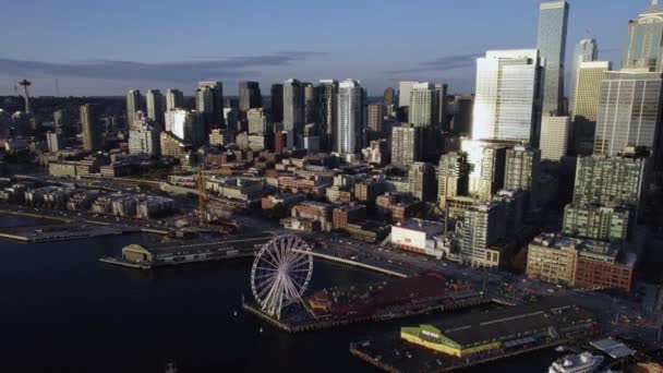 Letecký Pohled Přímořské Panorama Seattlu Slunečné Ráno Severozápadním Pacifiku Usa — Stock video