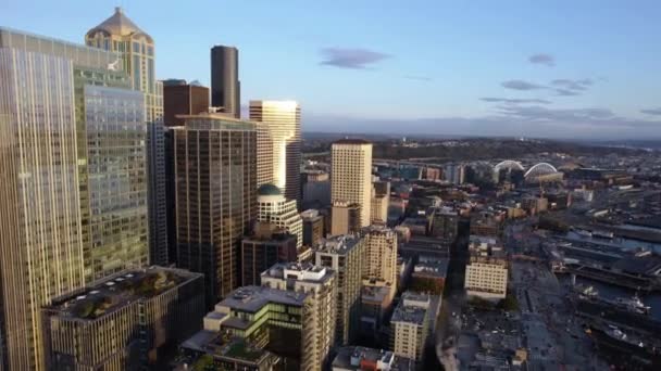 Vista Aerea Fronte Grattacieli Sul Mare Nel Centro Seattle Durante — Video Stock