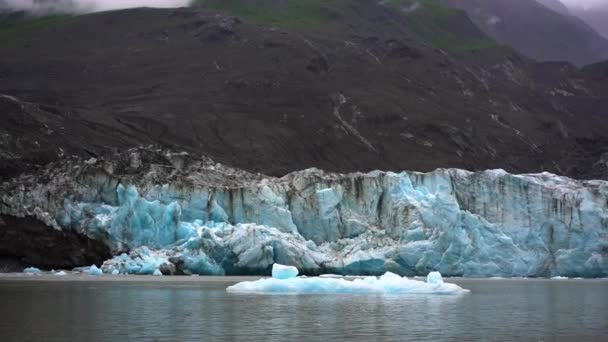 Scioglimento Parete Ghiacciaio Blocchi Ghiaccio Fuliggine Everfrost Alaska Nuvoloso Pan — Video Stock