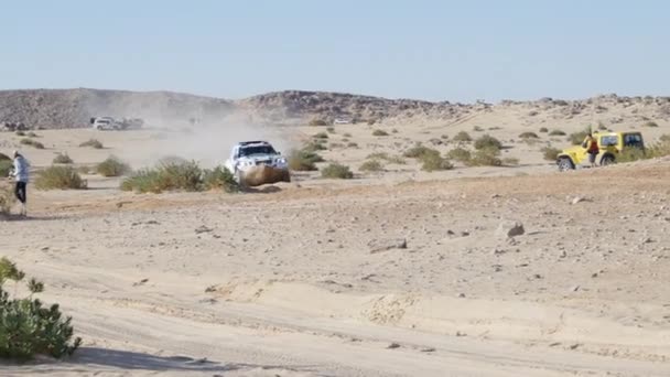 Быстрая Езда Ралли Грязной Дороге Пыль Воздухе Дакаре Саудовской Аравии — стоковое видео
