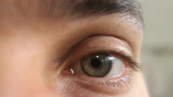 Närbild Vackra Gröna Mänskliga Ögat Tittar Kameran Och Blinkar — Stockvideo