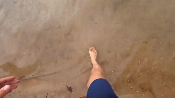 ポフは湖の水に足を踏み入れ — ストック動画