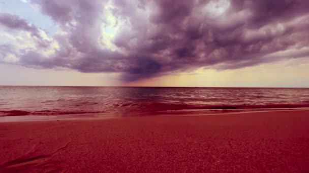 Cloudy Sky Clouds Calm Bloody Sea Beach Shore Red Color — Stock Video