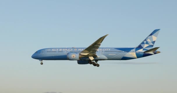 Maßgeschneiderte Etihad Manchester City Aircraft Landing Barcelona Prat Flughafen — Stockvideo