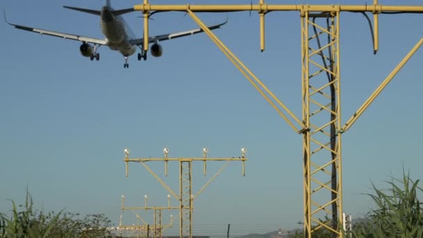 手前に照明塔のある空港における民間旅客航空機の着陸の背面図 — ストック動画