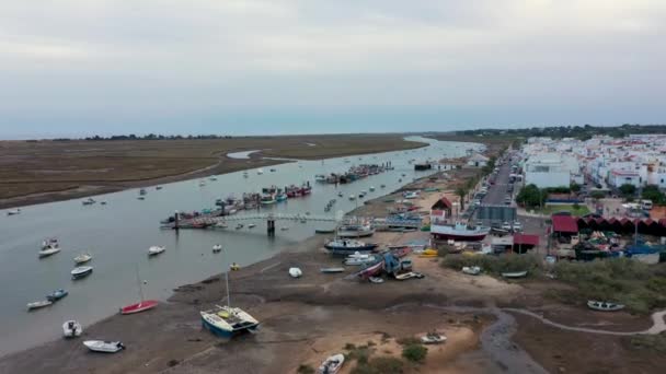 Łodzie Rybackie Ria Formosa Lagoon Podczas Odpływu Santa Luzia Tavira — Wideo stockowe