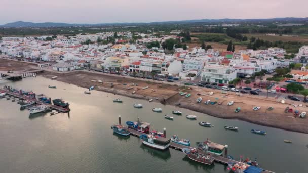 Lagoon Ria Formosa Boats Village Santa Luzia Tavira Portugal Airshot — стокове відео