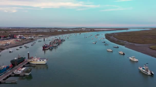 Boats Floating Ria Formosa Lagoon Salt Flat Sunset Summer Santa — 비디오