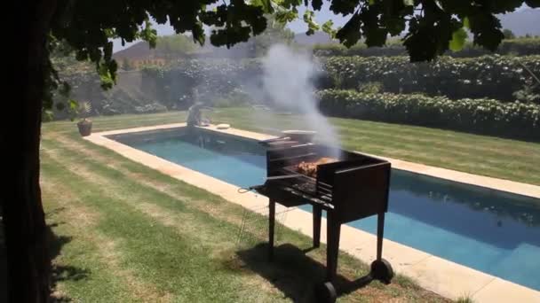 Barbecue Braai Rond Het Zwembad — Stockvideo