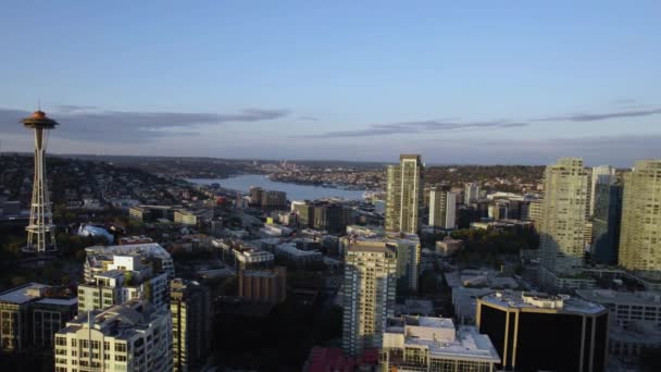 Aerial View Overlooking City Skyline Seattle Golden Hour Seattle Usa — Stock Video